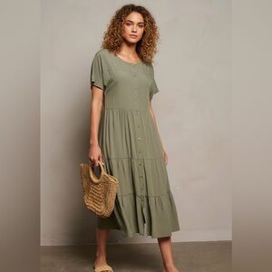 Tiered Button-Front Midi Dress in Olive